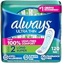 Always Ultra Thin Feminine Pads Without Wings for Women, Size 2, Long Super Absorbency, Unscented, 40 Count x 3 Pack (120 Count Total) (Packaging May Vary)