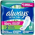 Always Ultra Thin Feminine Pads with Wings for Women, Size 2, Long Super Absorbency, Unscented, Up to 100% Leak-Free Protection, 58 Count