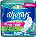 Always Ultra Thin Pads with Wings, Size 2, Long Super, 42 Count