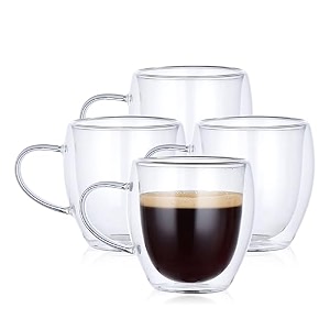 double walled glass 4 pack 8oz coffee mugs with handle perfect for espresso latte milk and other hot cold beverages lightweight250ml