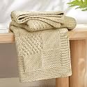 Amélie Home Checkered Chenille Knit Throw Blanket for Couch, Beige, 50"x60"