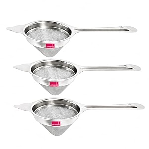 amanda nexa stainless steel tea strainer set of 3  304 mesh filter for chaicoffeemilkjuice  heavy-duty  long handle chhalnichanni for kitchen use  easy to clean durable mesh