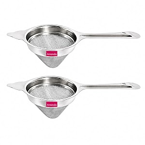 amanda nexa stainless steel tea strainer set of 3  304 mesh filter for chaicoffeemilkjuice  heavy-duty  long handle chhalnichanni for kitchen use  easy to clean durable mesh set of 2