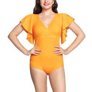 Amante Solid V-Neck Ruffled Sleeves Padded One-Piece