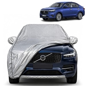 amaze 100 waterproof car cover  dustproof sun protection cover  soft cotton lining  triple stitched  mirror pocket  antenna pocket  all weather body cover silver with yellow piping