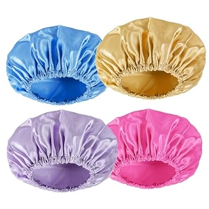 amazerbath shower cap 4-pack shower caps for women double waterproof layers bathing shower hat hair protection eva shower caps reusable medium size - ocean blue light purple gold rose red