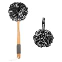 AmazerBath Shower Sponge Loofah Back Scrubber, PE Soft Mesh Loofah Body Scrubber with Long Wooden Handle, Bath Sponge for Men Women (Black)