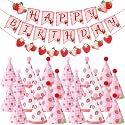 AmazingSpark 25 Pcs Strawberry Theme Birthday Party Decorations Set Includes 24 Cone Hats 1 Banner for Berry First Birthday Pink Theme Fruit Party Decorations Photo Props