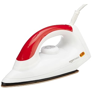 amazon basics 1000 watts dry iron with non-stick soleplate  stainless steel base  ergonomic  red and white