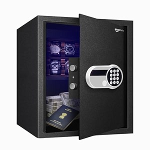 amazon basics 40 litres digital safes for hotel amp office - digital lock 3-in-1 unlocking  locker safe with motorized door locking mechanism  size  42 h x 35 w x 42 dcm  black  weight 16 kgs