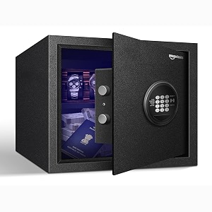 amazon basics 30 litres digital safes for home amp office - digital lock 2-in-1 unlocking  locker safe with motorized door locking mechanism  size  32 h x 40 w x 32 dcm  black  weight 13 kgs