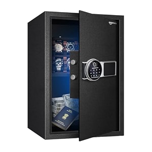 amazon basics 55 litres fingerprint safes for home amp office - fingerprint lock 3-in-1  locker safe with motorized door locking mechanism  size  55 h x 35 w x 36 dcm  black  weight 25 kgs
