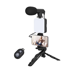 amazon basics 6-in-1 vlogging kit for all phones  tripod led video light cardioid microphone phone clip bluetooth remote amp microphone cable  useful for live broadcasting video calling