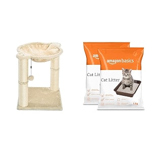amazon basics cat tower with hammock and scratching posts for indoor cats 158 x 158 x 197 inches amp amazonbasics scoopable bentonite cat litter unscented 5kg pack of 2