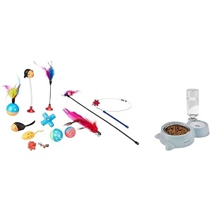 amazon basics cat toy set13 interactive toys for kittens amp cats multicolour 2 in1 pet feeder food and water dispenserstainless steel bowl32 cmh_22 cmw_165 cm