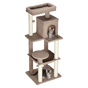amazon basics cat tree  51-inch  plush multi-level cat condo  10 scratching posts  1 caves  2 pompoms  dark beige color  1 hammock  sisal rope  xl