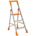 Amazon Basics Clamber Pro+ - Foldable Step Ladder with Tool Tray, Firm Grip, 3 Steps (Aluminium Steps, Orange &amp; Satin)