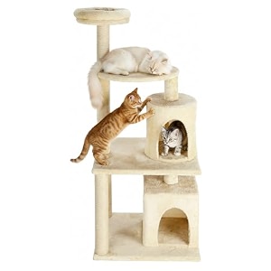 amazon basics condo activity cat tree top perch sctraching post furry hanging ball jute rope light beige with white rope l