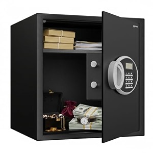amazon basics digital safe with biometric keypad  metal safe locker for home office hotel  gross capacity - 58l net - 51l black