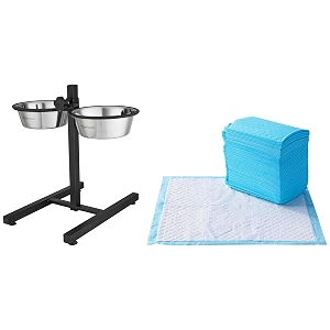 amazon basics dog pee pads heavy duty absorbency regular size 24 x 23 inches - pack of 80 amp adjustable double diner for food and waterh-base and two removable stainless steel bowls 2 x 1500 ml