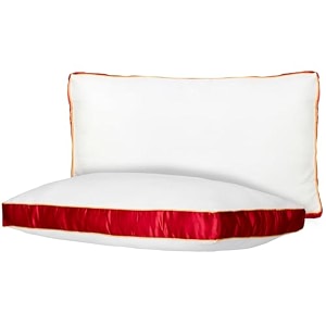 amazon basics down alternative microfiber bed pillow with satin gusset  71 x 43 cm with 5 cm gusset  pack of 2  ultra-soft amp supportive  decorative red stripe  machine washable white amp red