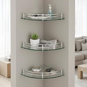 amazon basics glass bathroom corner shelf with stainless steel railings  pack of 3  transparent  9x9 inch  rust-resistant space-saving storage  23d x 23w x 6h cm