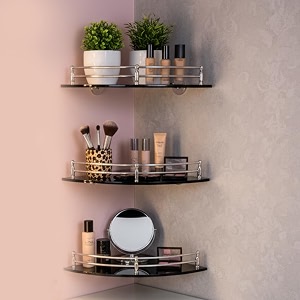 amazon basics glass bathroom corner shelf with stainless steel railings  pack of 3  black  9x9 inch  rust-resistant space-saving storage  23d x 23w x 6h cm