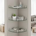 Amazon Basics Glass Bathroom Corner Shelf with Stainless Steel Railings | Pack of 3 | Transparent | 9x9 Inch | Rust-Resistant Space-Saving Storage | 23D x 23W x 6H cm