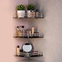 Amazon Basics Glass Bathroom Corner Shelf with Stainless Steel Railings | Pack of 3 | Black | 9x9 Inch | Rust-Resistant Space-Saving Storage | 23D x 23W x 6H cm
