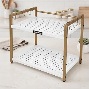 amazon basics heavy duty metal microwave stand for kitchen counter  microwave amp otg oven rack with double platform storage amp utility hooks  multipurpose kitchen organizer for utensils jars amp appliances  white-gold