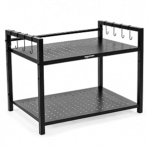amazon basics heavy duty metal microwave stand for kitchen counter  microwave amp otg oven rack with double platform storage amp utility hooks  multipurpose kitchen organizer for utensils jars amp appliances  black