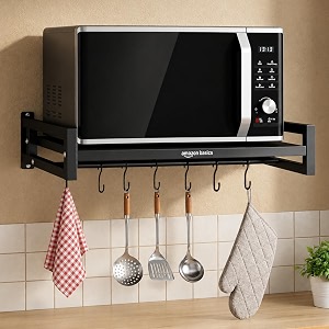 amazon basics heavy-duty wall mount microwave oven stand with 7 hooks  1-tier metal kitchen storage shelf for microwave otg printer amp fax machine  space-saving wall mounted organizer rack  black