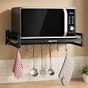 Amazon Basics Heavy-Duty Wall Mount Microwave Oven Stand with 7 Hooks | 1-Tier Metal Kitchen Storage Shelf for Microwave, OTG, Printer & Fax Machine | Space-Saving Wall Mounted Organizer Rack | Black