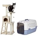 Amazon Basics Multi-Level Cat Tree Indoor Climbing Activity Cat Tower with Scratching Posts, Cave, and Step Ladder, 19 x 19 x 50 Inches, Beige &amp; amazon basics Two Door Top Load Pet Kennel (23-inch)
