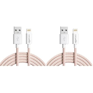 amazon basics nylon braided usb-a to lightning cable cord mfi certified charger for apple iphone 14 13 1211 x 8 7 6 5 ipad air pro mini ipad  salmon pink 102 meter pack of 2
