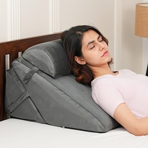 amazon basics adjustable wedge pillow with memory foam amp head rest  multi-purpose back amp leg support cushion for bed amp sofa  soft removable washable cover  durable design - grey 38 x 57 x 53 cm