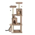 Amazon Basics Plush Fur Fabic Multistory Cat Tree with Condos, Perches and Sctraching Post Furry Hanging Ball, Dark Beige with White Rope (XL)