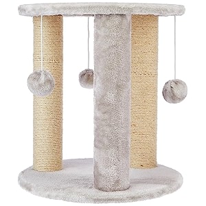 amazon basics round cozy cat tree  436 x 49 cm  beige  natural jute fiber cat tower  rope scratching posts with hanging balls  long-lasting quality