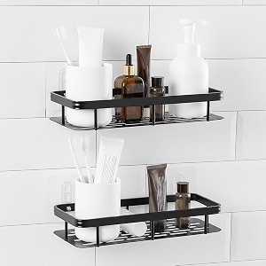 amazon basics self-adhesive aluminium bathroom wall shelf  water-resistant  pack of 2  tool-free installation  black  30d x 13w x 55h cm