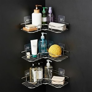 amazon basics self-adhesive corner shelf  no-drill wall-mounted organizer for bathroom kitchen amp living room  premium rust proof gi metal 27 x 27 x 6 cm chrome pack of 3
