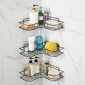 amazon basics self-adhesive corner shelf  no-drill wall-mounted organizer for bathroom kitchen amp living room  premium rust proof gi metal 27 x 27 x 6 cm black pack of 3