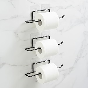 amazon basics self-adhesive toilet paper holder  wall-mounted bathroom tissue roll hanger  rust proof gi steel with powder-coated black finish  248l x 547w x 48h cm pack of 3