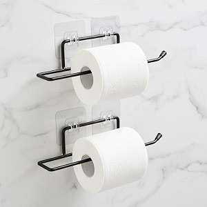 amazon basics self-adhesive toilet paper holder  wall-mounted bathroom tissue roll hanger  rust proof gi steel with powder-coated black finish  248l x 547w x 48h cm pack of 2