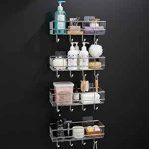 amazon basics self-adhesive wall shelf  no-drill multipurpose bathroomkitchen organizer with hooks and towel holder rust proof gi steel organizer  chrome 282 x 98 x 115 cm pack of 4