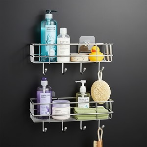 amazon basics self-adhesive wall shelf  no-drill multipurpose bathroomkitchen organizer with hooks and towel holder rust proof gi steel organizer  chrome 282 x 98 x 115 cm pack of 2