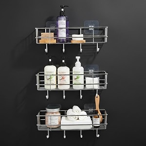 amazon basics self-adhesive wall shelf  no-drill multipurpose bathroomkitchen organizer with hooks and towel holder rust proof gi steel organizer  chrome 282 x 98 x 115 cm pack of 3