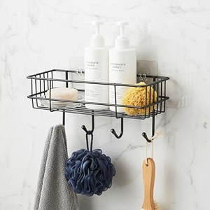 amazon basics self-adhesive wall shelf  no-drill multipurpose bathroomkitchen organizer with hooks and towel holder rust proof gi steel organizer  black 282 x 98 x 115 cm pack of 1