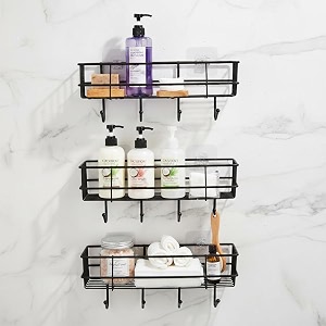 amazon basics self-adhesive wall shelf  no-drill multipurpose bathroomkitchen organizer with hooks and towel holder rust proof gi steel organizer  black 282 x 98 x 115 cm pack of 3