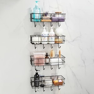amazon basics self-adhesive wall shelf  no-drill multipurpose bathroomkitchen organizer with hooks and towel holder rust proof gi steel organizer  black 282 x 98 x 115 cm pack of 4
