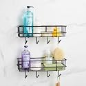 Amazon Basics Self-Adhesive Wall Shelf – No-Drill Multipurpose Bathroom/Kitchen Organizer with Hooks and Towel Holder, Rust Proof GI Steel Organizer | Black, 28.2 x 9.8 x 11.5 cm, Pack of 2